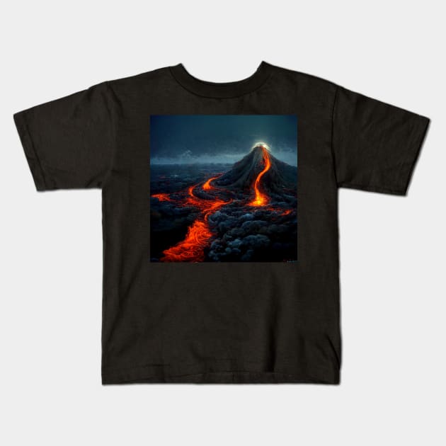 Volcano after eruption with lava flowing down across the landscape. Kids T-Shirt by Liana Campbell